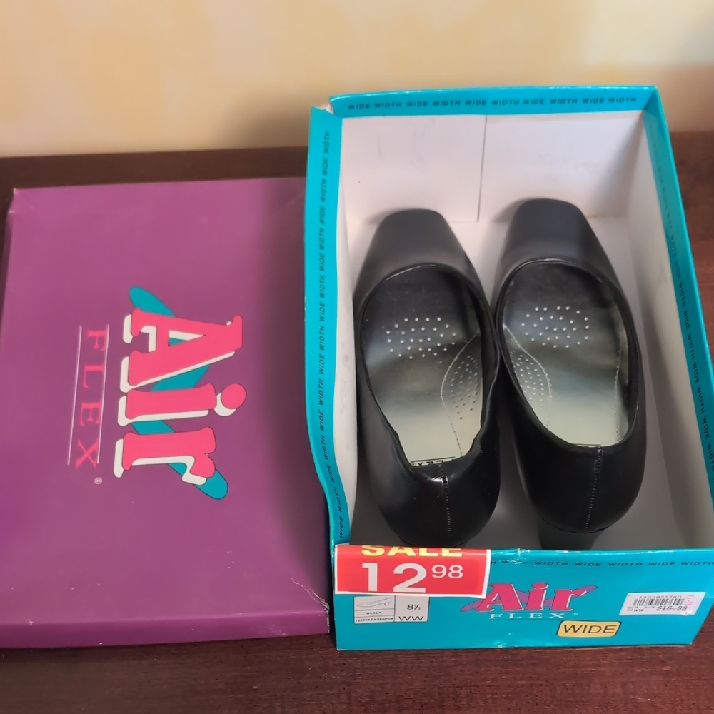 Air Flex Black Square Toe Pumps Shoes Virginia 8 1/2 Wide Width Vintage